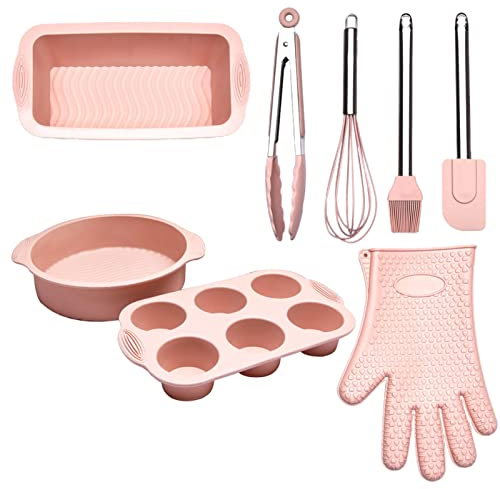Faderr 8pcs Baking set,Complete Cake Baking Set, Silicone Bakeware Baking Set, Non-Stick Baking Set,Easy Demold for Beginners,Teenagers and Adults Baking Starter Kit, Pink