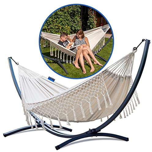 Potenza® Hamac avec Support métal et Graphite pour 2 Personnes Démontable - Charge Max 220 kg –Double XXL - avec Pied - Plus DE STABILITÉ- -Support - Ecru