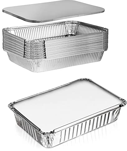 Xinfuquan Bandeja aluminio desechable,10 bandejas de aluminio de alto rendimiento,Moldes aluminio desechables,25.5 x 19 cm (1750ml) Bandejas Desechables de Aluminio con Tapas