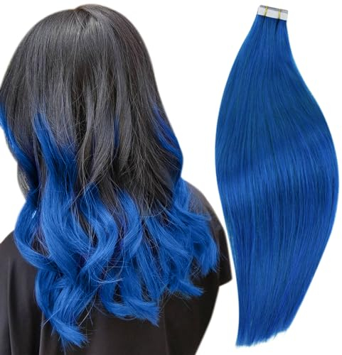 RUNATURE Tape Extensions Echthaar Blau 40cm Gerade Echte Haare 10 Stück Echthaar Extensions Tape Blau Unsichtbare Haarverlängerung Blau 25g Tape in Extensions Echthaar #Blue