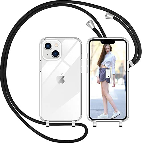 Nupcknn Coque avec Cordon pour iPhone 14, Transparent Coque Collier Réglable Téléphone Étui Portable Lanyard Case Protection Complète Cover de iPhone 14(6.1,Noir)