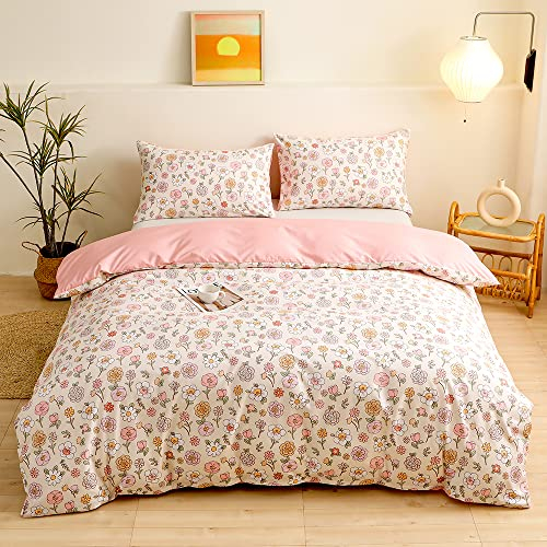 YASMENG Parure de lit 155 x 220 cm - En microfibre douce et douillette - Motif floral - Beige et rose - Réversible - Avec fermeture éclair et 2 taies d'oreiller de 80 x 80 cm