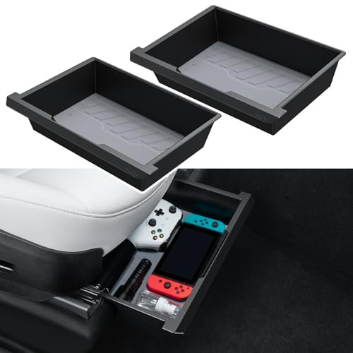 HALOBLK 2 Pack Waterproof Under Seat Storage Box Organizer, Upgraded 2-in-1 Underseat Hidden Tray for Tesla Model Y 2024-2021
