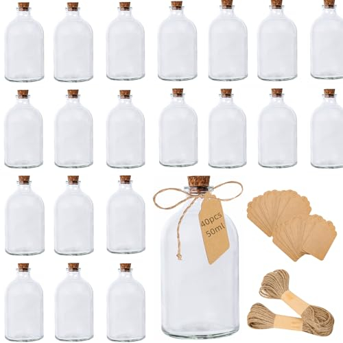 AZKEEGREY 40 Pack Mini Glass Bottles with Cork, 50ml Glass Bottles for Wedding Favours, Shot Glasses Bottle with Cork Stoppers Label Tags and String for Crafts Decoration Wedding Party