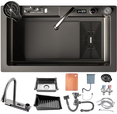 DSMRLEOP 75x46cm Große Einzelne Schüssel Küchenspüle 304 Edelstahl-Set Wasserfall Schwarz Bauernhaus Spüle, Einzelne Schüssel Workstation Spüle mit Digitalanzeige Ausziehhahn, 13-teiliges Set