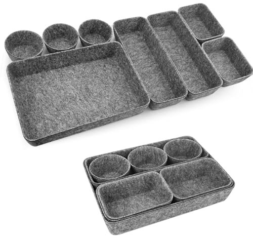 TopBine 8 Stück Filz Aufbewahrungsbox, Schubladen-Organizer Set Schubladen Organizer Büro Schubladen Organizer Waschbare Filz Aufbewahrungsbox für Schreibtisch Wohnzimmerküche (Hellgrau)