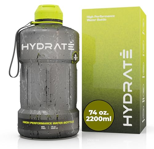 HYDRATE Bottles 2.2L Large Water Bottle - Leak Proof Design - BPA Free Impact Resistant Plastic - Unique Design - Ideal for Gym, Workout, Camping, and Office Use - Bitter Lemon Color