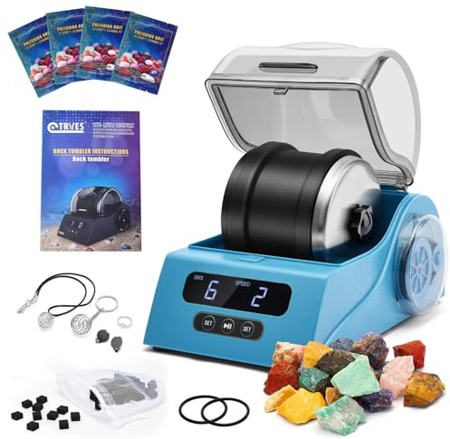 Tryes Rock Tumbler Kit per adulti – Bicchiere lucidante per roccia con copertura per riduzione del rumore, controllo velocità e timer, include 4 graniglie lucidanti, pietre preziose ruvide, guida