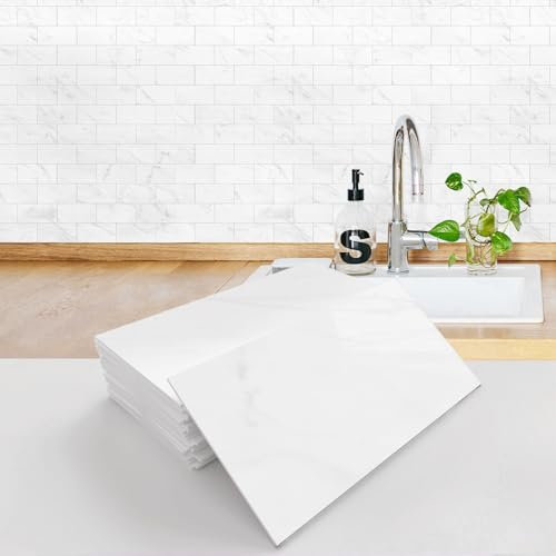 16pcs Marble Effect Self Adhesive Stick on Tiles, Vinyl Wall Peel and Stick Tile for Kitchen Bathroom, Individual Waterproof Sticky Tile Stickers Covers (White, 4x8 inches)
