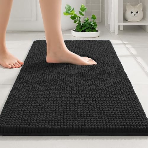 COMPOLICY 80x50 cm Noir Tapis de Bain Antidérapant en Chenille Douce, Tapis Super Absorbant et à Séchage Rapide, Lavable en Machine, pour Douche, Baignoire, WC ou Salle de Bain