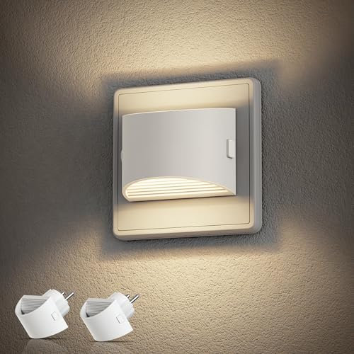Emeritpro Nachtlicht Steckdose, Nachtlicht mit Dämmerungssensor LED Steckdosenlicht Helligkeitseinstellung Warmweißes 3000K für Zimmer, Flure, Kinderzimmer, Bad, Treppe, Küche, 2 Stück
