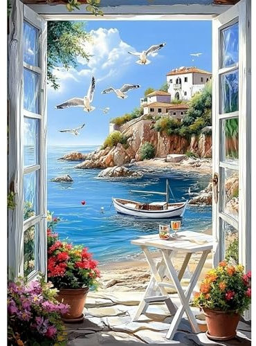 NEWENMO DIY Möwe Meerblick Diamond Painting Set,Cartoon Boot Diamant Painting Bilder,5D Diamant Malerei Erwachsene,Aesthetic für Wanddekorationen,Home Wand Dekor Geschenke,30x40cm