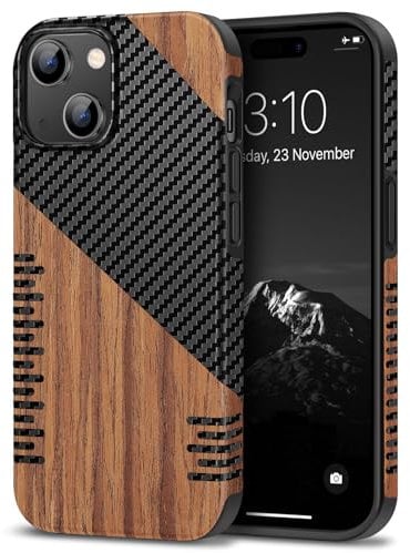 TENDLIN Kompatibel mit iPhone 15 Pro Max Hülle Holz und Carbon Textur Design Leder Hybrid Handyhülle (Twill)