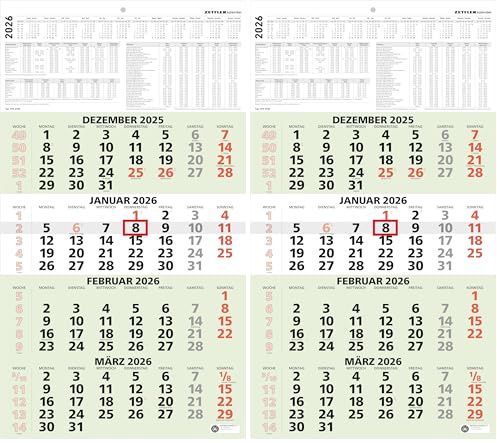 Zettler 4-Monatskalender grün Blauer Engel 2026 – Wandkalender 33 × 59 cm mit Datumsschieber, 4 Monate pro Blatt, Kopftafel 15 cm, Wochenzählung, Jahresübersicht, Recyclingpapier, nachhaltig