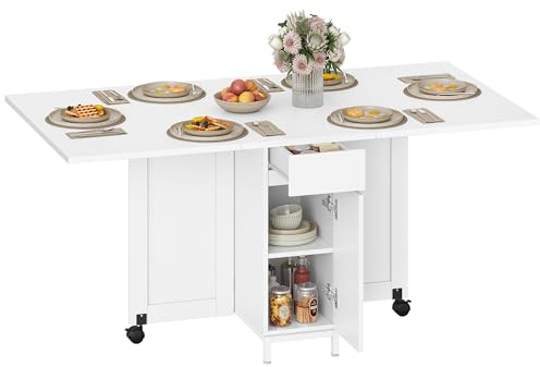 Hzuaneri Table à Manger Pliante, avec Roues, Blanc KT14003W