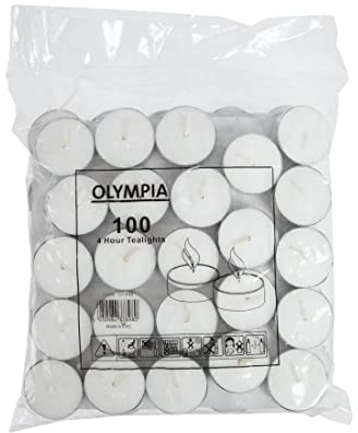 Olympia Wax Tealight Candles 4-Hour Burn 40mm GF448 (100 Pack), White | Creates a warm, flickering glow in restaurants or pubs; universal fit for holders helps reduce replenishment frequency.