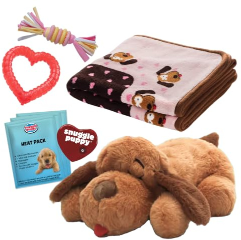 Snuggle Puppy Original Essentials Starter Kit. Heartbeat Dog Toy and Calming Aid with 3 Heat Packs, Puppy Teething Toy, Dog Chew Toy and Dog Blanket. (Pink)