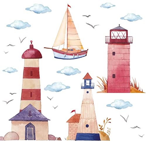 WandSticker4U®- Wandtattoo Kinderzimmer LEUCHTTURM (163X83 cm) I Wandsticker Segelboot Möwen Ozean Meer See Schiff Maritim I Wanddeko Badezimmer wasserfest Fliesen-aufkleber Bad