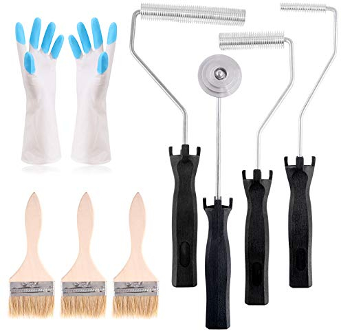 Swpeet Lot de 4 rouleaux en fibre de verre et 1 pinceau de détail avec 1 paire de gants, outil de palettes à bulles en fibre de verre, kit de rouleau de peinture pour moules