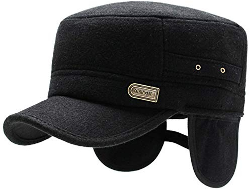 Winter Baumwolle Baseballmütze Flache Kappe mit Ohrenklappen Wintermütze mit Ohrenschutz Verstellbar Baseballcap Schweißband Wintercap Schirmmütze Gehörschutz Mützen für Männer Herren Damen Schwarz