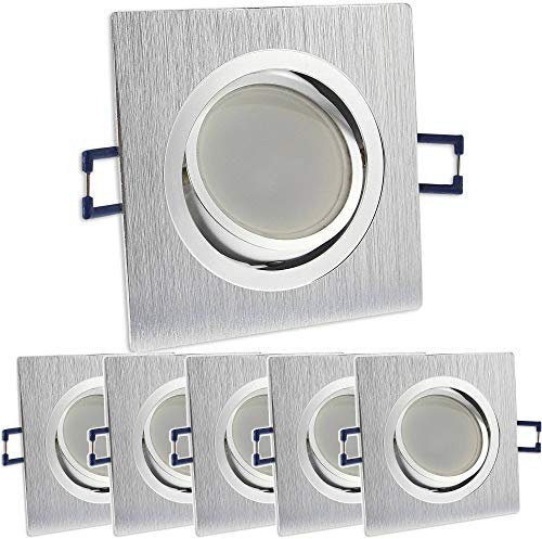 6x LED Einbaustrahler Set eckig - silber gebürstet 3 Watt warmweiß dimmbar 230V flach (30mm Tiefe) - Leuchte schwenkbar 68mm - Spot Decken-Strahler