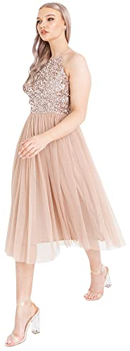 Maya Deluxe Damen Womens Ladies Midi With Halter Neck Tulle For Evening Graduation Prom Wedding Bridesmaids Ball Gown Dress, Taupe Blush, 38 EU