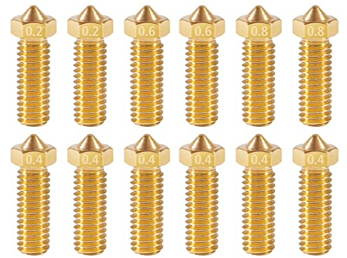 ALAMSCN 12PCS Volcano Düsen Volcano 3D Drucker Düsen Set 0.2mm 0.4mm 0.6mm 0.8mm V6 Volcano Messing Düsen für 1.75 Filament 3D Drucker
