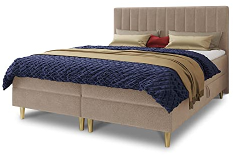 Boxspringbett Gold mit 2 Bettkästen und Topper - Doppelbett, Bonell-Matratze, Polsterbett, Bett mit Matratzentopper, Schlafzimmer, Velours Stoff (Beige (Manila 02), 180 x 200 cm)