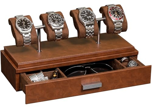 ROTHWELL Luxus-Uhren-Vitrine für 4 Uhren – Uhrenbox aus Leder mit Acryl-Abdeckung und abnehmbaren Einschubkissen – Zubehörschublade mit mehreren Konfigurationen (Hellbraun/Braun)