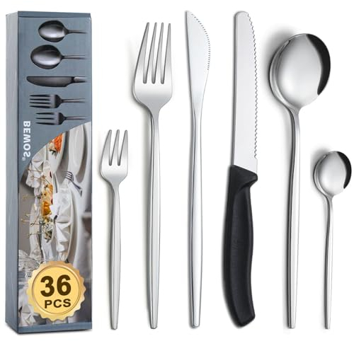BEWOS 36 piezas cubiertos con cuchillos de carne, cubiertos para 6, apto para lavavajillas cubiertos para restaurantes en casa, de acero inoxidable de calidad alimentaria