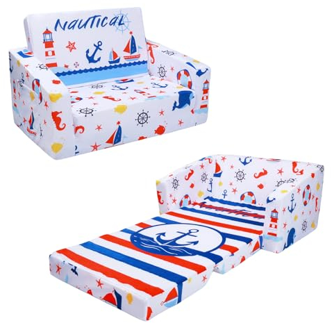 decalsweet Faltbarer KinderSofa-2 in 1 Schlafsofa- Kindersessel mit Stofftasche, Weiche Flip Open Kinderstuhl für Schlafzimmer Wohnzimmer Spielzimmer,Segeln