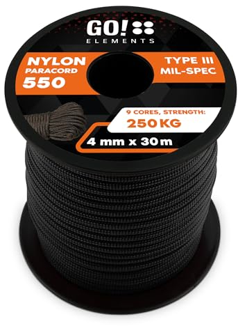 GO!elements 30m Paracord Seil aus reißfester Nylonschnur - 4mm Paracord 550 Typ III Schnur - geeignet als Allzweckseil & Reepschnur - Max. 250kg, Farbe: Schwarz