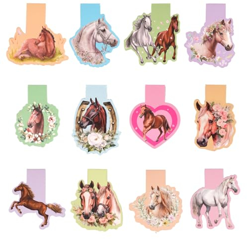 Magnetische Lesezeichen, 12 Stück Lesezeichen Kinder, Pferd Magnetische Lesezeichen mit Pferdemotiven, Ideal für Schüler, Junge, Mädchen, Buchliebhaber