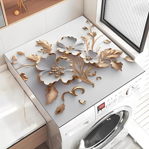 Treer Tappetino per Lavatrice Antiscivolo Assorbente, Motivo del Piante 3D Copertura per Lavatrice Morbido Tappetino Protezione Superiore per Lavatrice e Asciugatrice (Fiore,60x60cm)