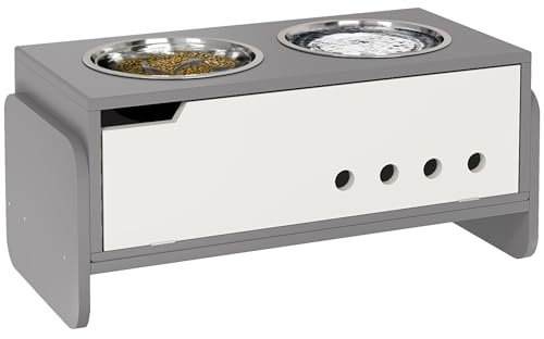 PawHut Raised Dog Bowls with Stand, 3 Height Adjustable Dog Feeding Storage Station with Slow Feeder Mat, 2 x 2000mL Stainless Steel Bowls for Medium to Extra Large Dogs - Grey