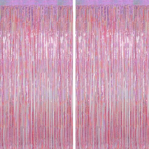 RONGZUBAT 2 Stück Lametta Vorhang Holografisch Rosa, 1 x 2,5 m Metallische Folie Fransen Vorhang, Glitzer Party Hintergrund, Türvorhang Fotohintergrund Deko für Geburtstag Baby Shower Hochzeit Party