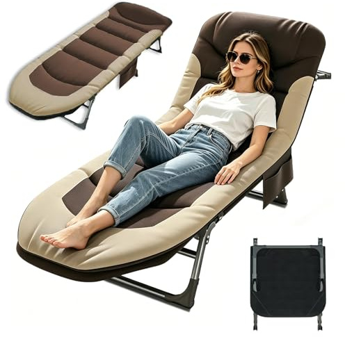 OVLRIJP Sonnenliege Klappbar Liegestuhl, 6-Fach Verstellbar Klappbare Gartenliege Campingliege mit Seitentasche, Feldbett Campingbett mit Matratze, Outdoor Liege für Balkon Garten Camping (Braun)