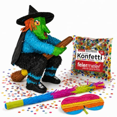 Pinata-Set | 4-tlg. mit Augenmaske, Schlagstock und Konfetti (Hexe | 47x21x45 cm)