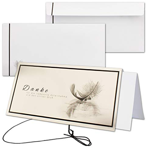 10x Trauerkarten-Set Hilde - Feder-Motiv - DIN Lang Danksagung Komplett-Paket mit Umschlag & Einlege-Blätter & schwarzem Schmuck-Band - Trauer-Papiere by GUSTAV NEUSER