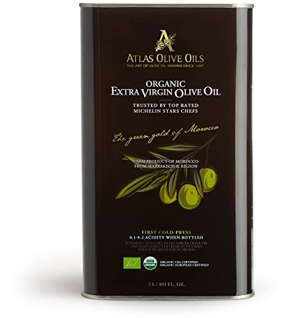 A ATLAS OLIVE OILS Organic Cold Press Extra Virgin Olive Oil with Polyphenol Rich, Newly Harvested Unprocessed from One Single Family Farm Cold Press Ext. Virgin 101 Fl Oz (Pack of 1)