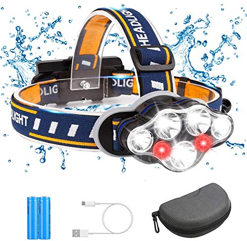 Yiyicas 7 LED Stirnlampe mit Batterien, wasserdichter Kopflampe USB Stirnlampe wiederaufladbar,18000 Lumen 8 Modi Kopflampe mit Rot weiß Warnlicht für Outdoor Camping Wandern Arbeiten