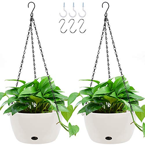GROWNEER Paquete de 2 macetas Colgantes de plástico de 9.4 Pulgadas con 6 Ganchos, Maceta Colgante con Base Desmontable para decoración de jardín, Interior y Exterior (Blanco)