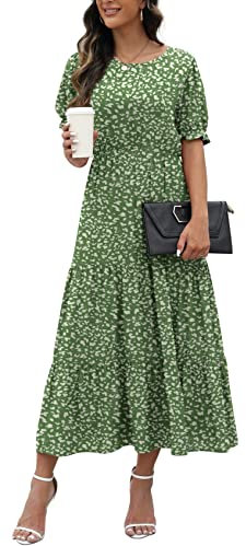 GRECERELLE Womens Summer Midi Dress Floral Print Boho Dress Ruffle Puff Sleeve High Waist A-Line Casual Boho Cocktail Holiday Beach Long Dress for Ladies (LD Green White, L)