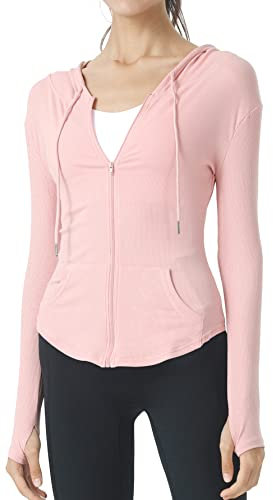 Femme Veste de Alpinisme avec Poches Veste de Yoga à Capuche Veste de Sport avec Pouce des Trous Course Sport Yoga Rose - M