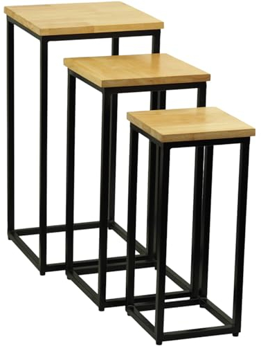 Craft&Style Beistelltische 3er Set Satztische Kaffeetische Pflanzentische Massivholz Metallgestell 62x31x31cm 55x25x25cm 48x19x19cm