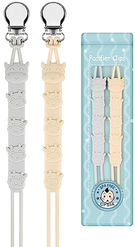 Yolnkos Schnullerkette Junge mädchen Silikon Kuh Schnuller Clips Dummy Halter Schnullerband Schnullerketten für Babydusche 2 Stück(Beige,Grau)