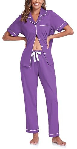 COLORFULLEAF Pigiama da donna con bottoni, 100% cotone, a maniche corte, set di due pezzi, top e pantaloni pigiameria, viola., S