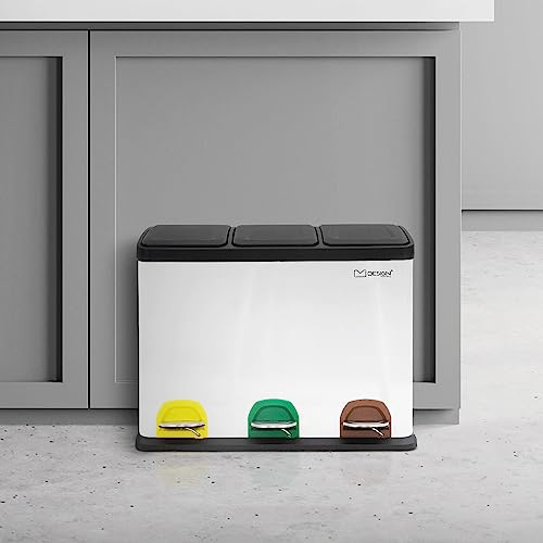 ML-Design Mülleimer Küche 3x 15L (45L), Weiß, Mülltrennsystem 3 Fächer, Treteimer zur Mülltrennung, Abfalleimer aus Stahl mit Inneneimer aus Kunststoff & Klappdeckel, farblicher Kennzeichnung