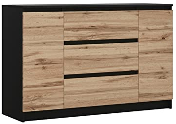 3xE Living Commode avec 2 Portes, 3 tiroirs Noir & chêne wotan, L : 120 cm, H : 79 cm P : 40 cm