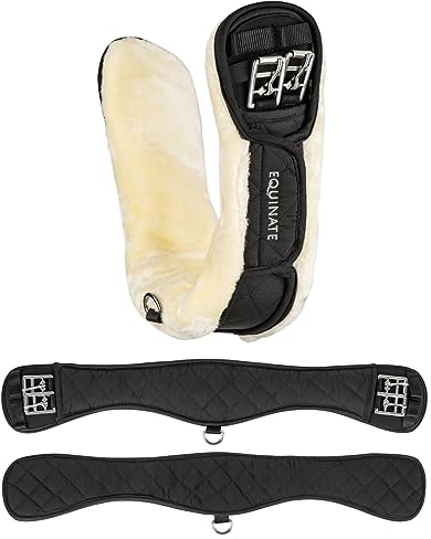 Equinate Kurzgurt Lakewood mit abnehmbaren synthetischem Lammfell 60cm - anatomischer Bauchgurt, Dressurgurt, Sattelgurt Schwarz